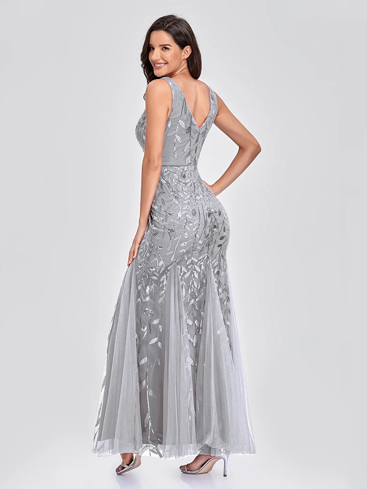 Vestido Cocktail Sem Mangas com Decote em V e Lantejoulas