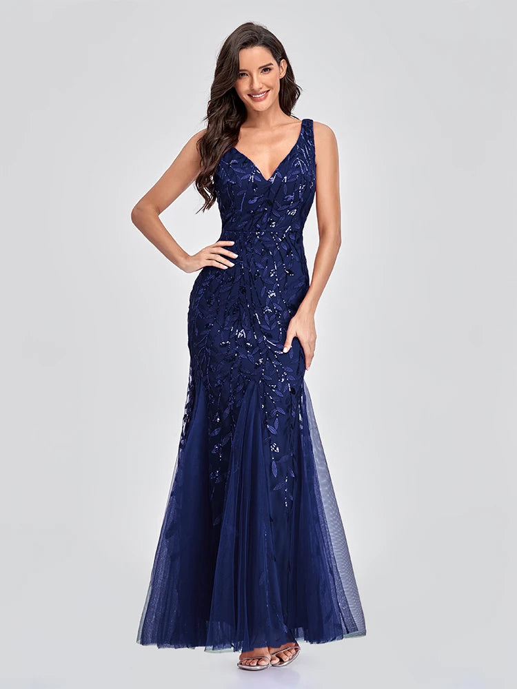 Vestido Cocktail Sem Mangas com Decote em V e Lantejoulas