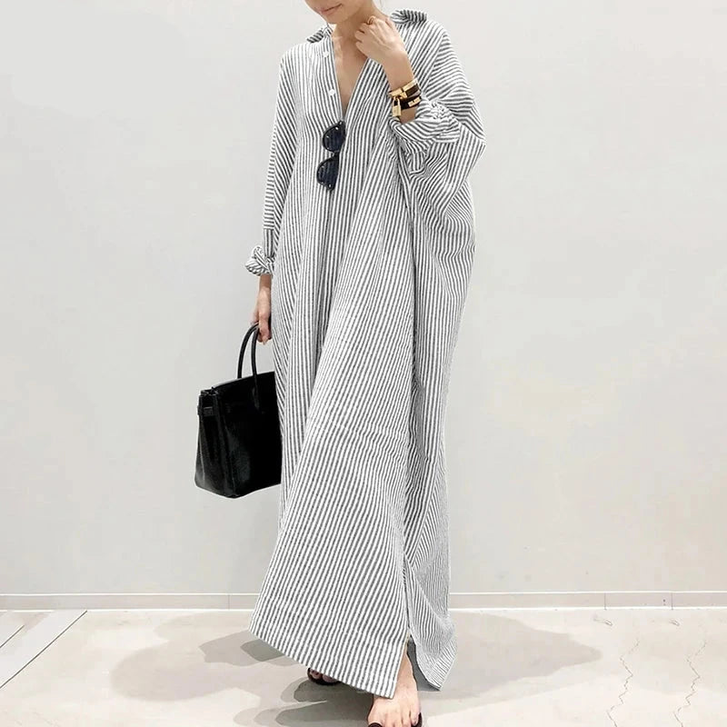 Vestido de Verão Estampado Listrado Feminino Boêmio