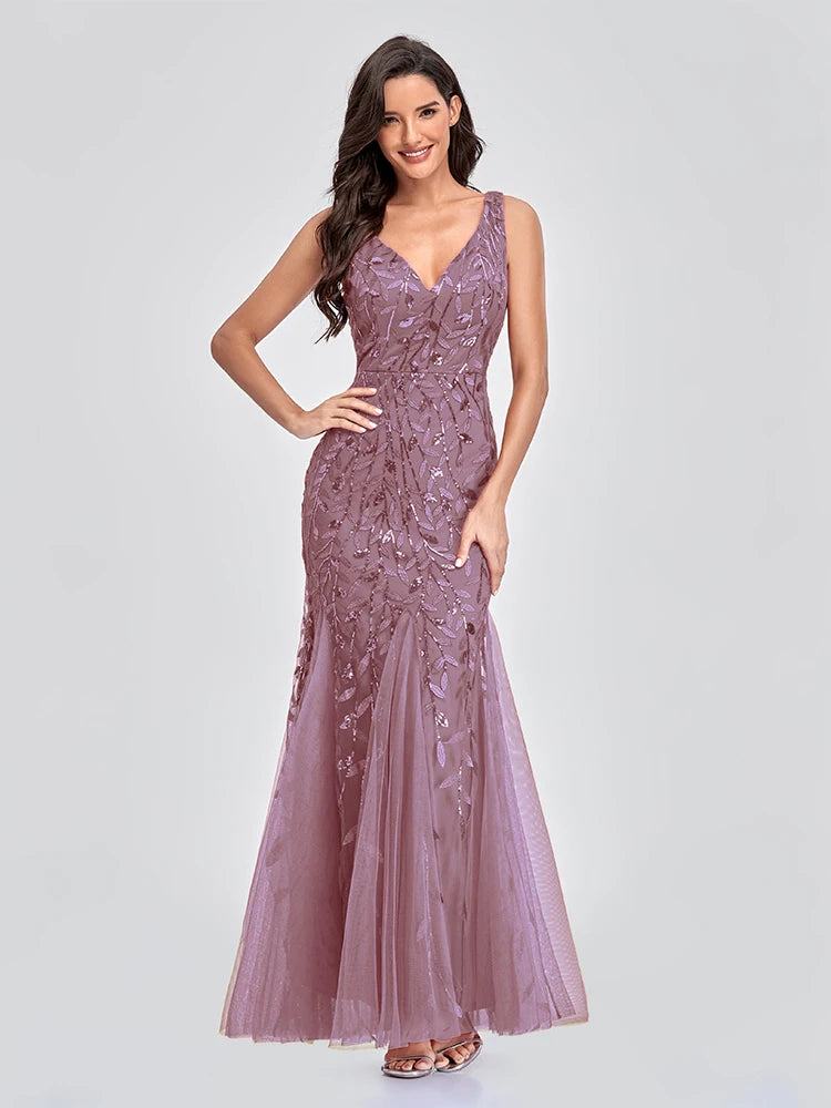 Vestido Cocktail Sem Mangas com Decote em V e Lantejoulas