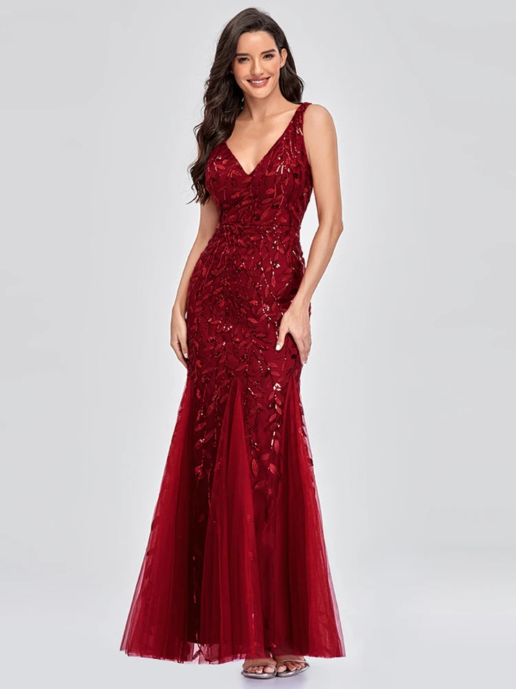 Vestido Cocktail Sem Mangas com Decote em V e Lantejoulas