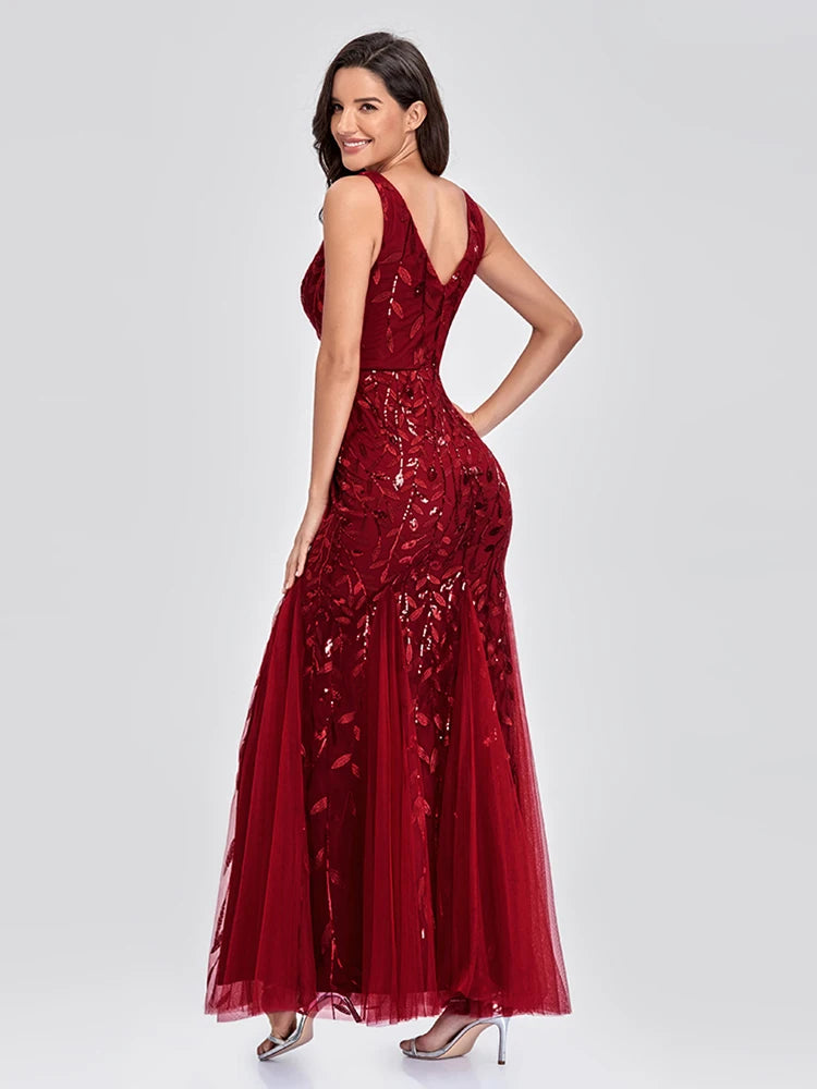 Vestido Cocktail Sem Mangas com Decote em V e Lantejoulas