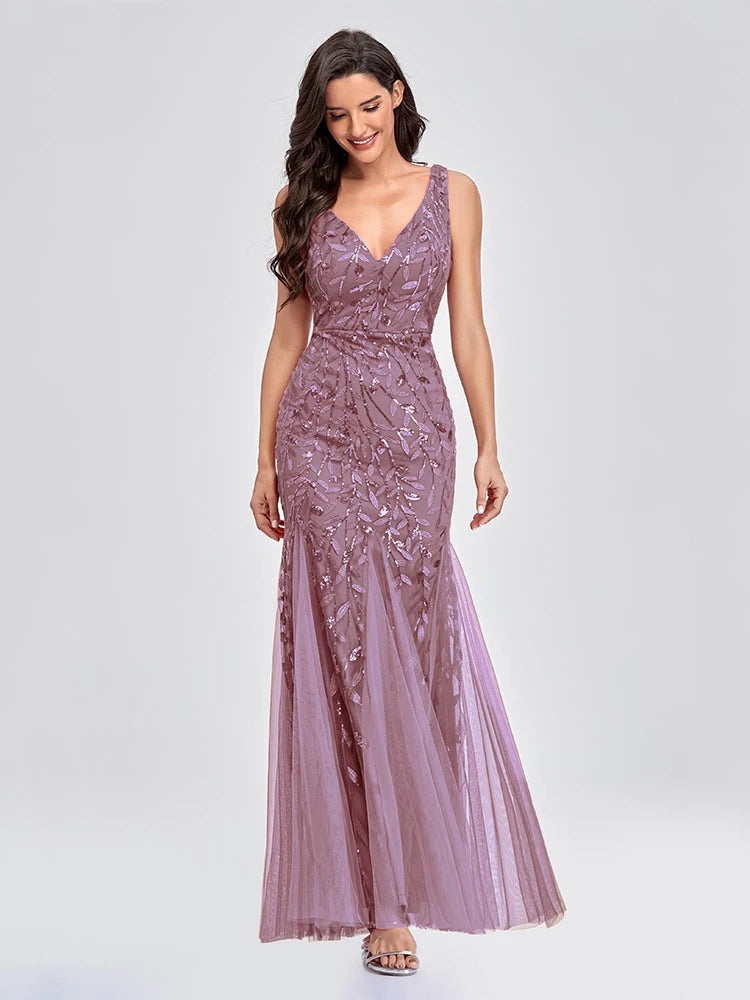 Vestido Cocktail Sem Mangas com Decote em V e Lantejoulas