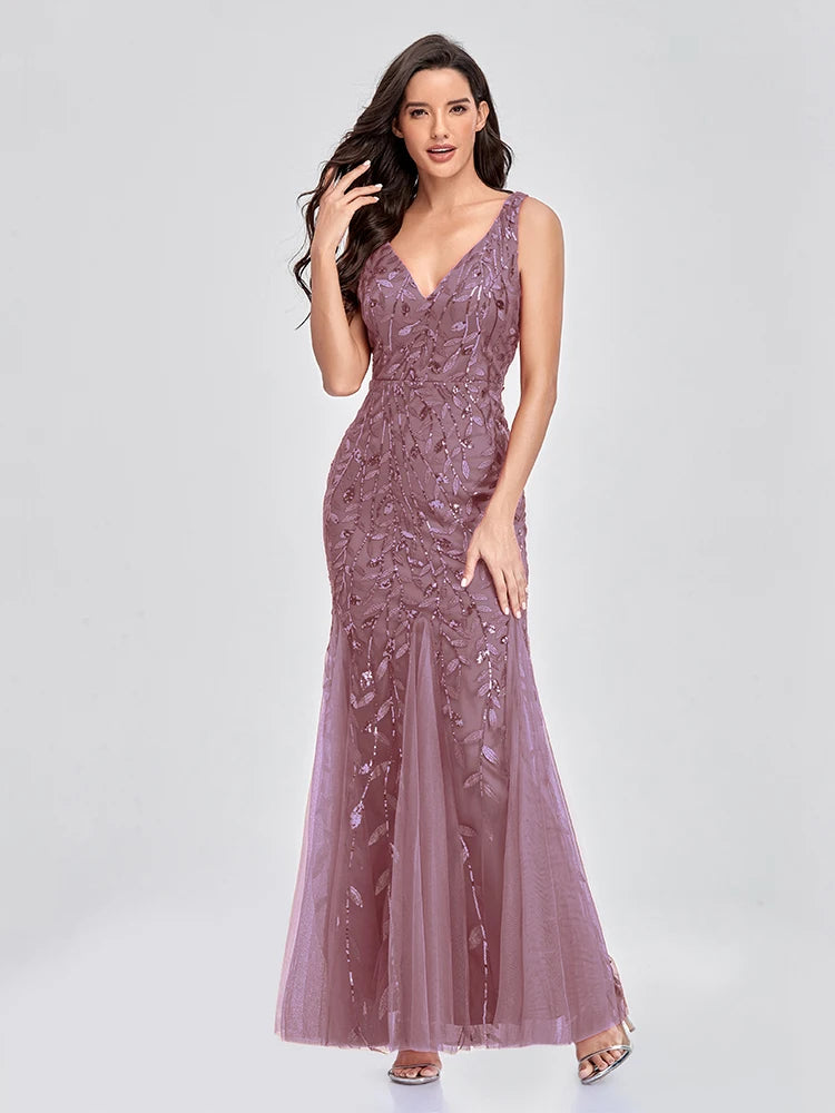 Vestido Cocktail Sem Mangas com Decote em V e Lantejoulas