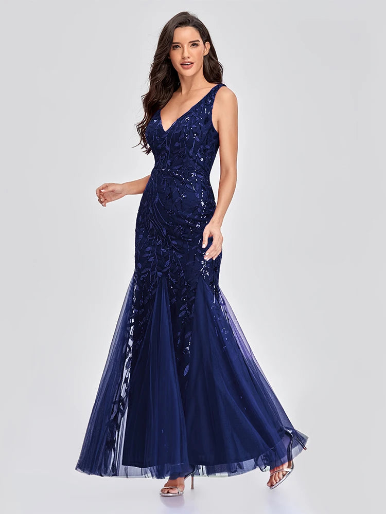 Vestido Cocktail Sem Mangas com Decote em V e Lantejoulas
