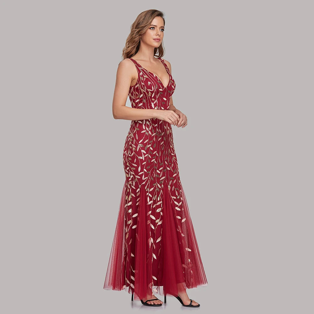 Vestido Cocktail Sem Mangas com Decote em V e Lantejoulas