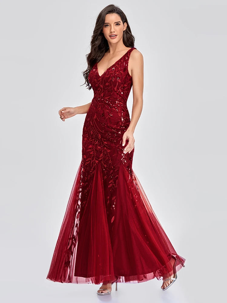 Vestido Cocktail Sem Mangas com Decote em V e Lantejoulas