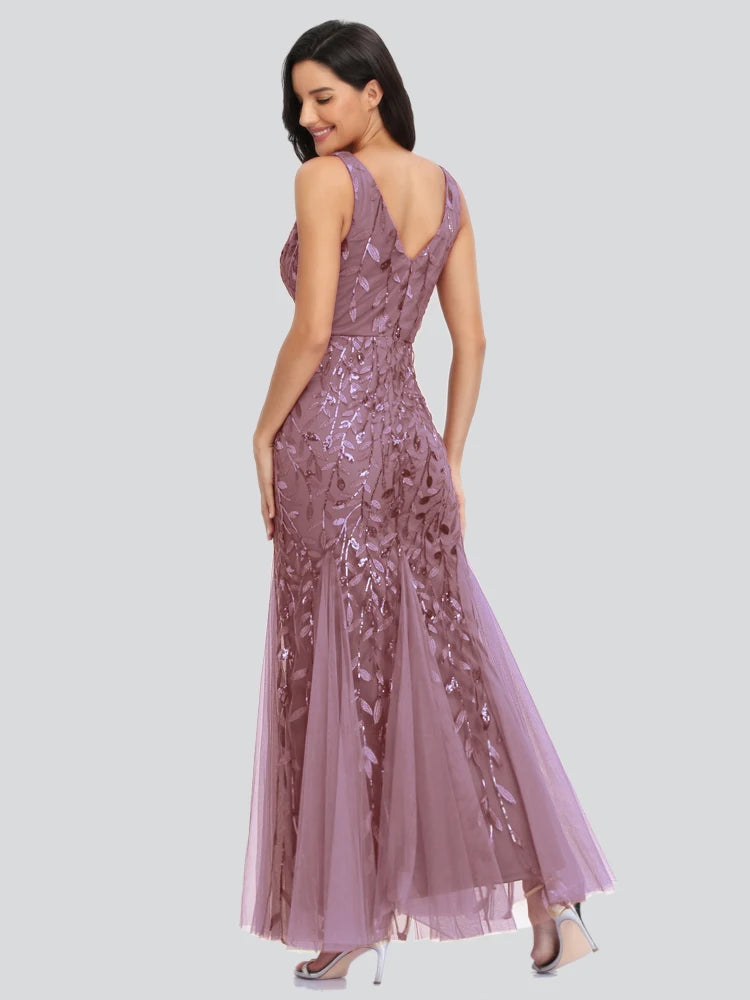 Vestido Cocktail Sem Mangas com Decote em V e Lantejoulas