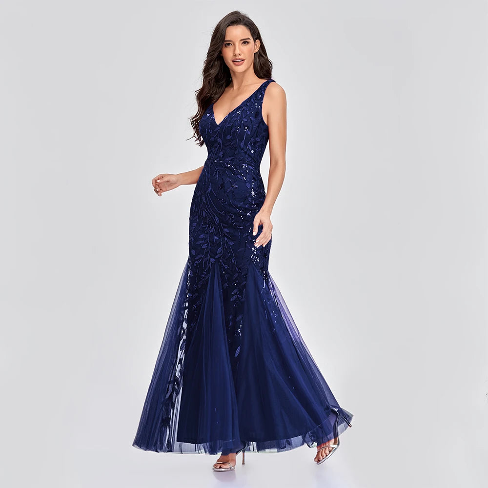 Vestido Cocktail Sem Mangas com Decote em V e Lantejoulas