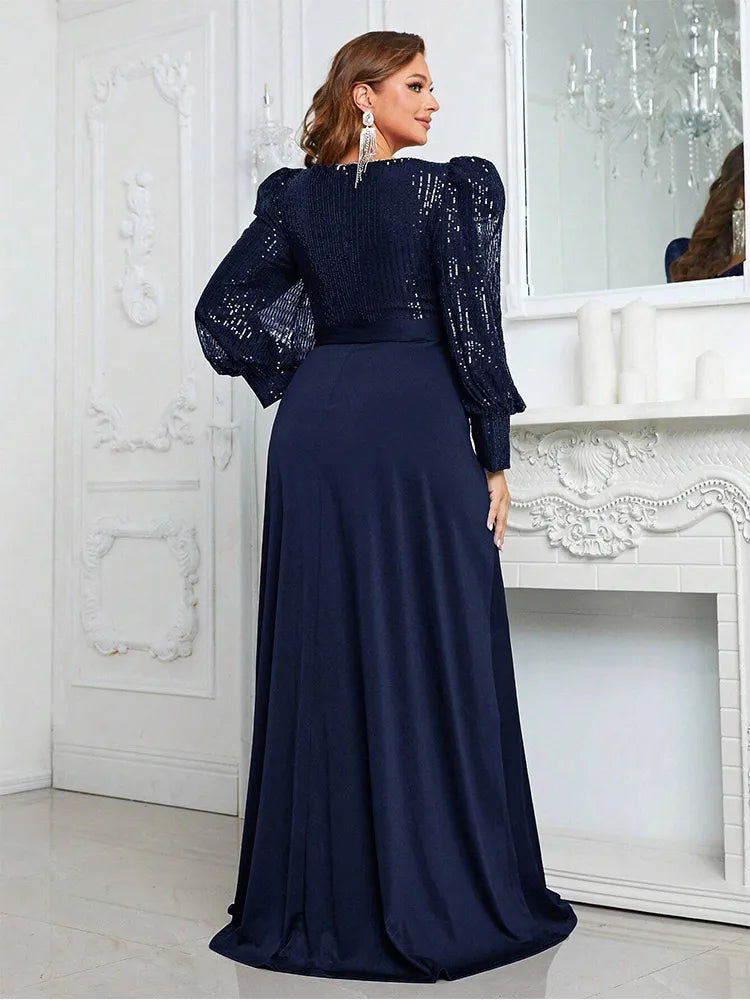 Vestido de Noite Feminino com Decote em V e Lantejoulas