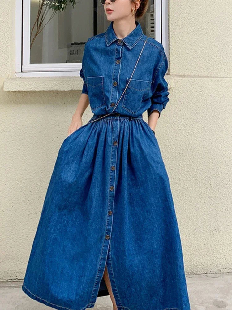 Vestido Jeans Azul Vintage Feminino Longo