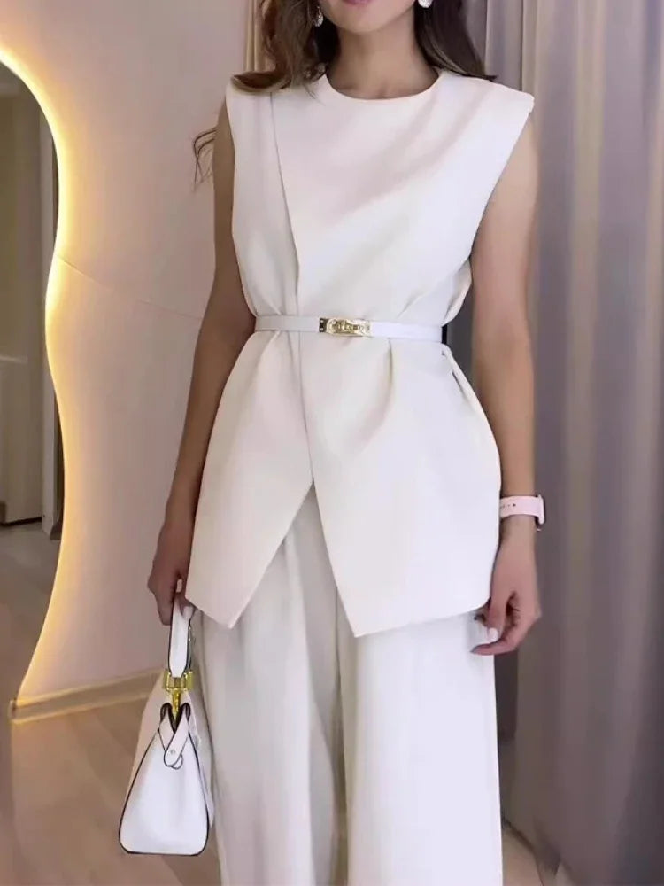 Conjunto Feminino Elegante com Calças Largas e Top Sem Mangas
