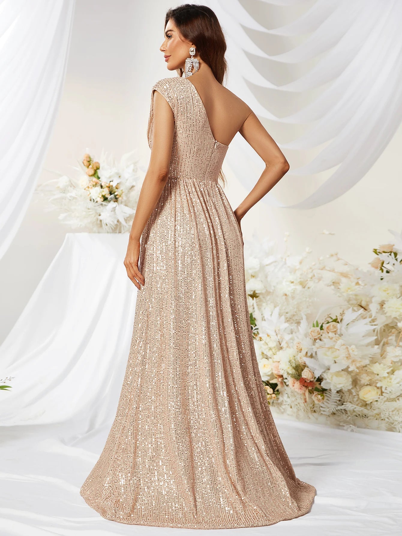Vestido de Lantejoulas de Um Ombro Feminino para Festas