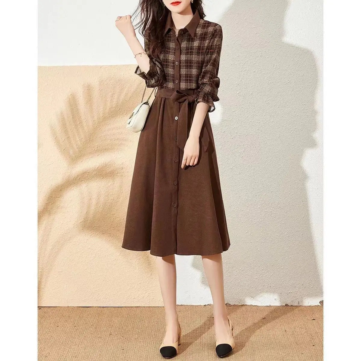 Vestido Midi Xadrez Elegante para Senhoras