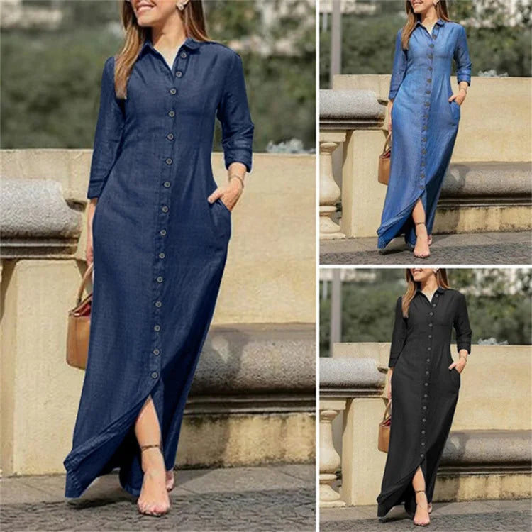 Vestido Longo Feminino em Denim com Manga Longa e Botões