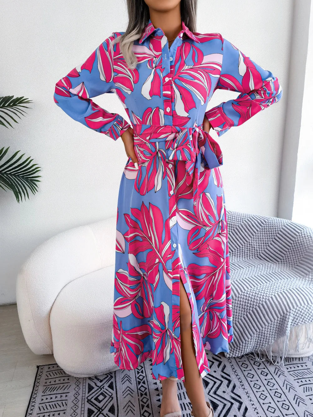 Vestido Floral Longo com Gola Polo
