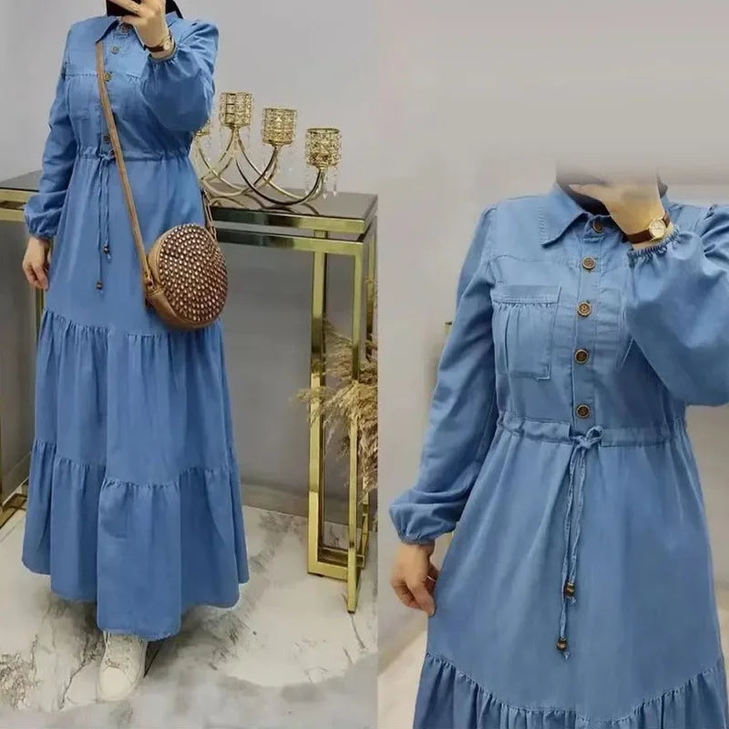 Vestido Jeans Elegante Feminino com Colarinho Dobrável