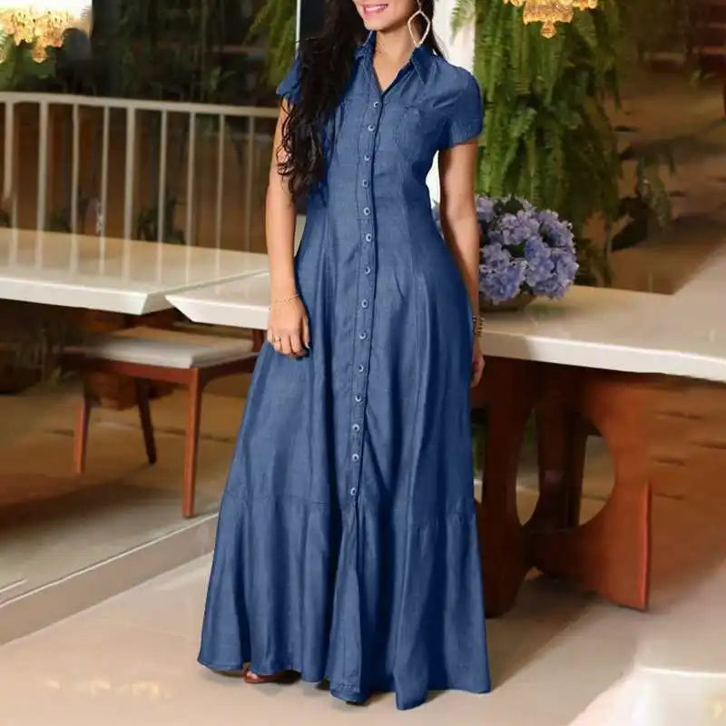 Vestido Longo Feminino com Manga Curta e Gola Virada