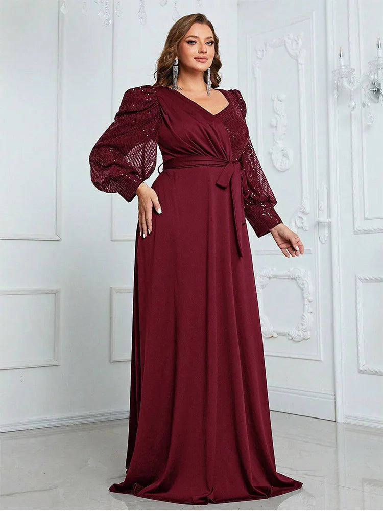 Vestido de Noite Feminino com Decote em V e Lantejoulas