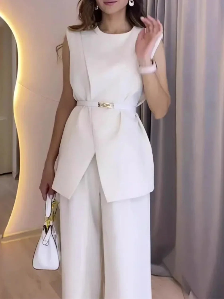 Conjunto Feminino Elegante com Calças Largas e Top Sem Mangas