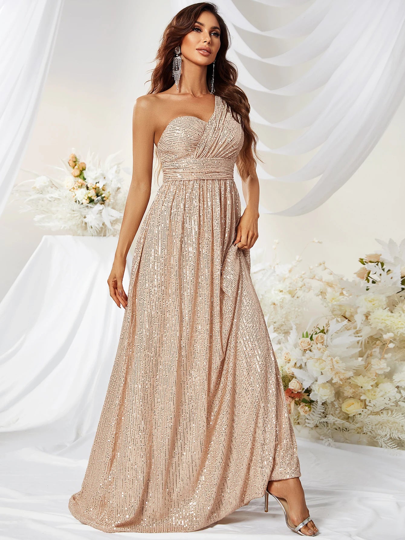 Vestido de Lantejoulas de Um Ombro Feminino para Festas