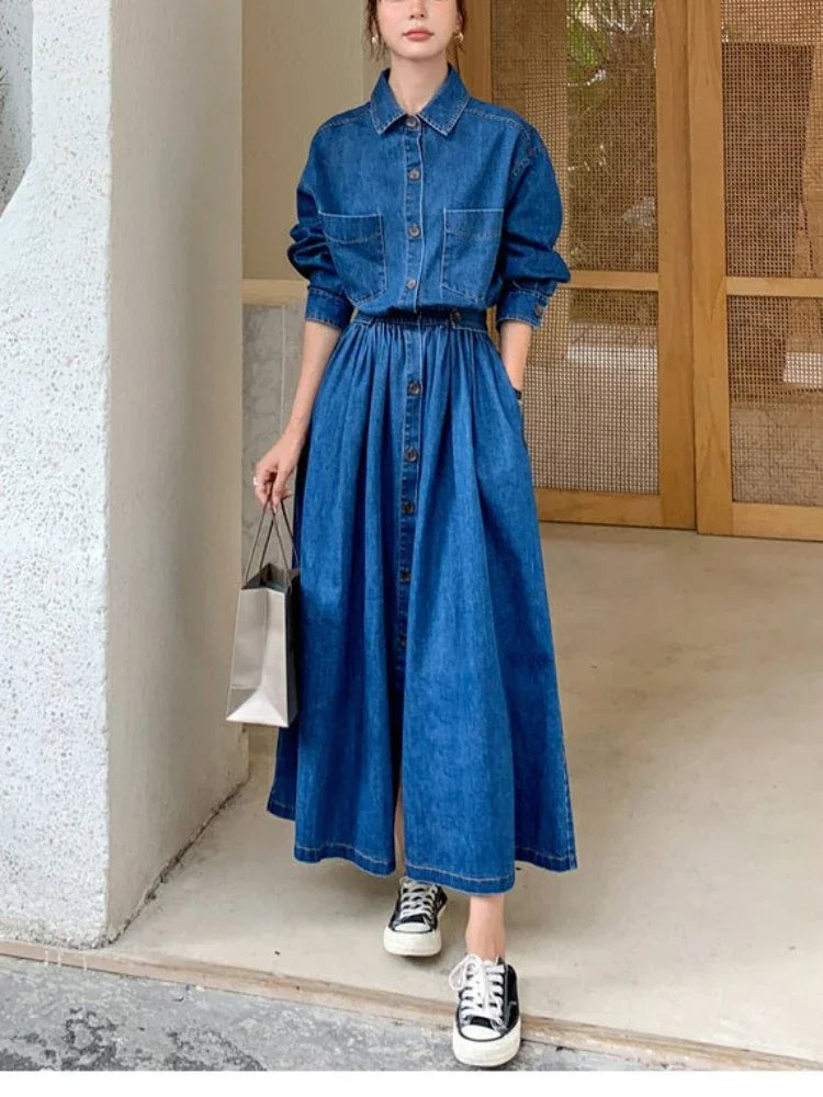 Vestido Jeans Azul Vintage Feminino Longo