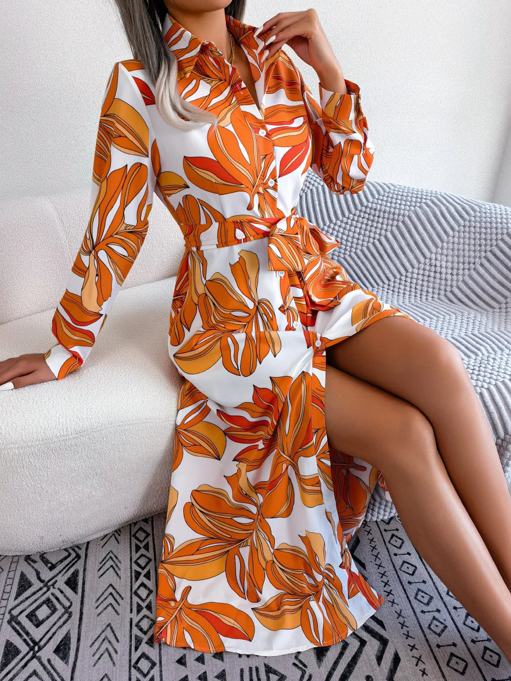 Vestido Floral Longo com Gola Polo