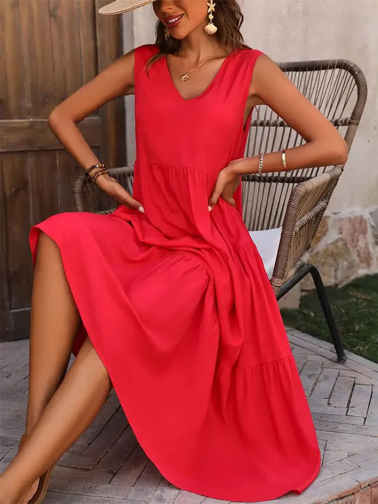 Vestido Longo Feminino Amarelo com Decote em V