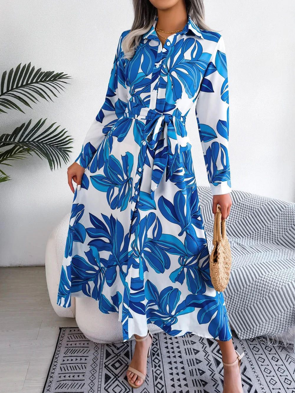 Vestido Floral Longo com Gola Polo