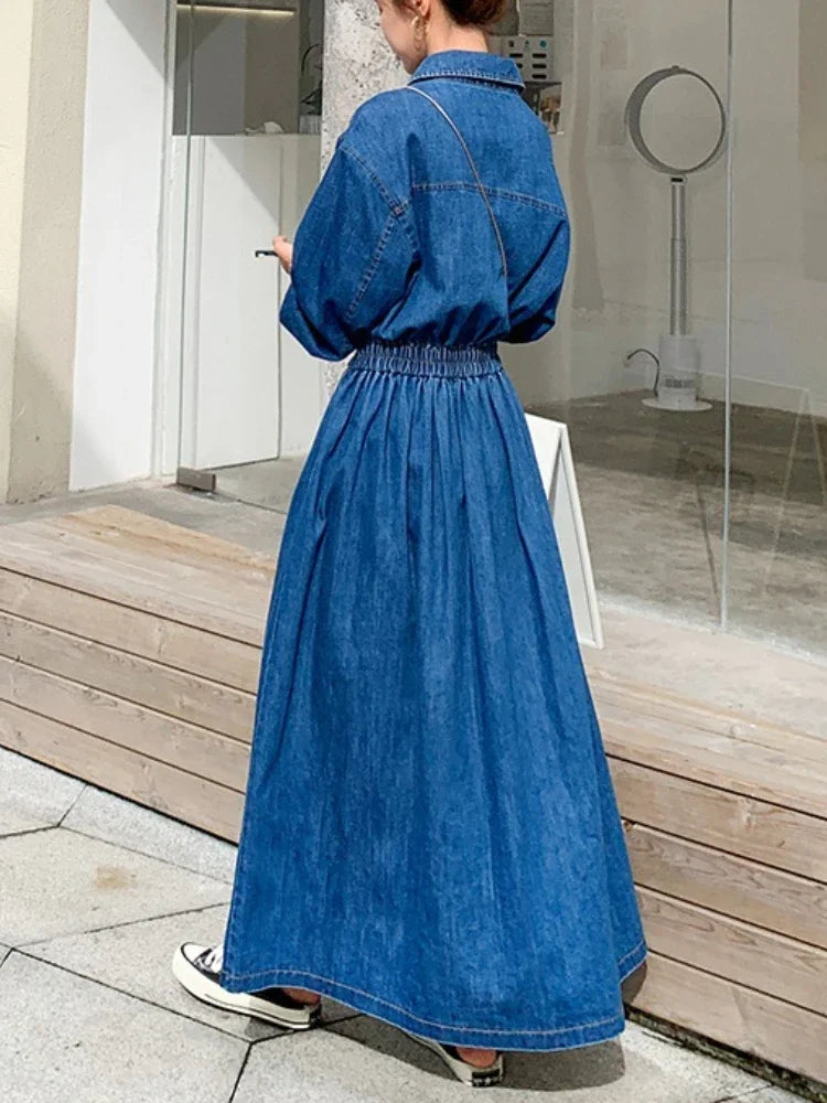 Vestido Jeans Azul Vintage Feminino Longo
