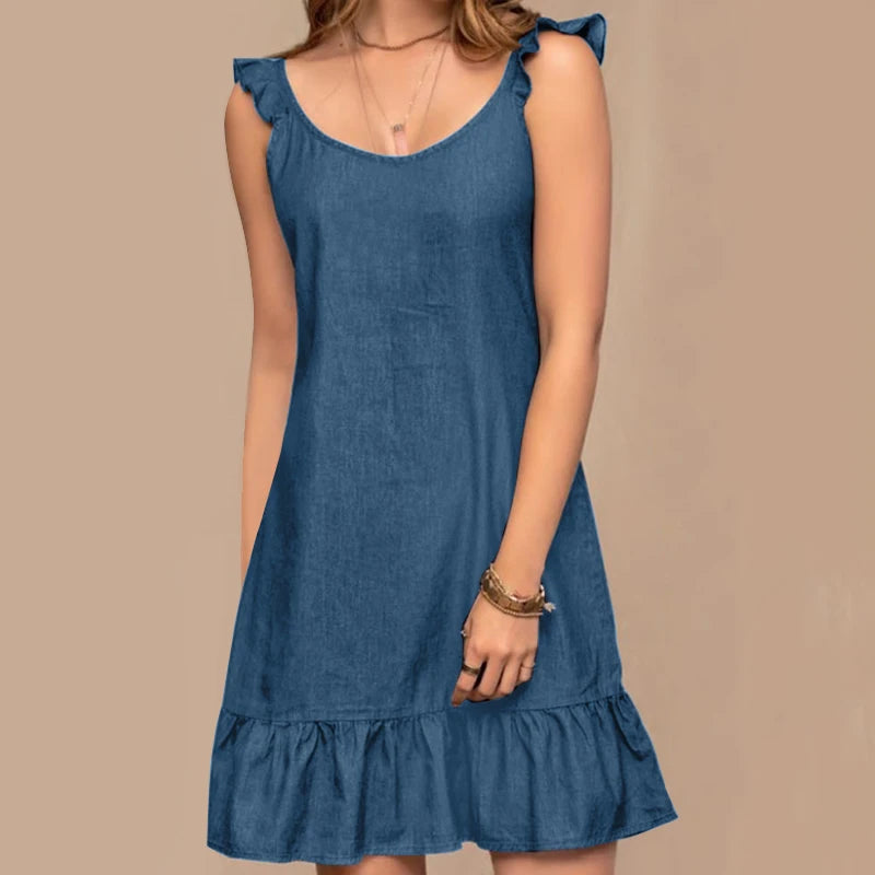 Vestido Boêmio Jeans Sem Mangas para Verão