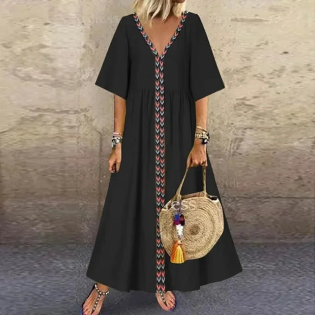 Vestido Longo Casual com Decote em V e Mangas Curtas