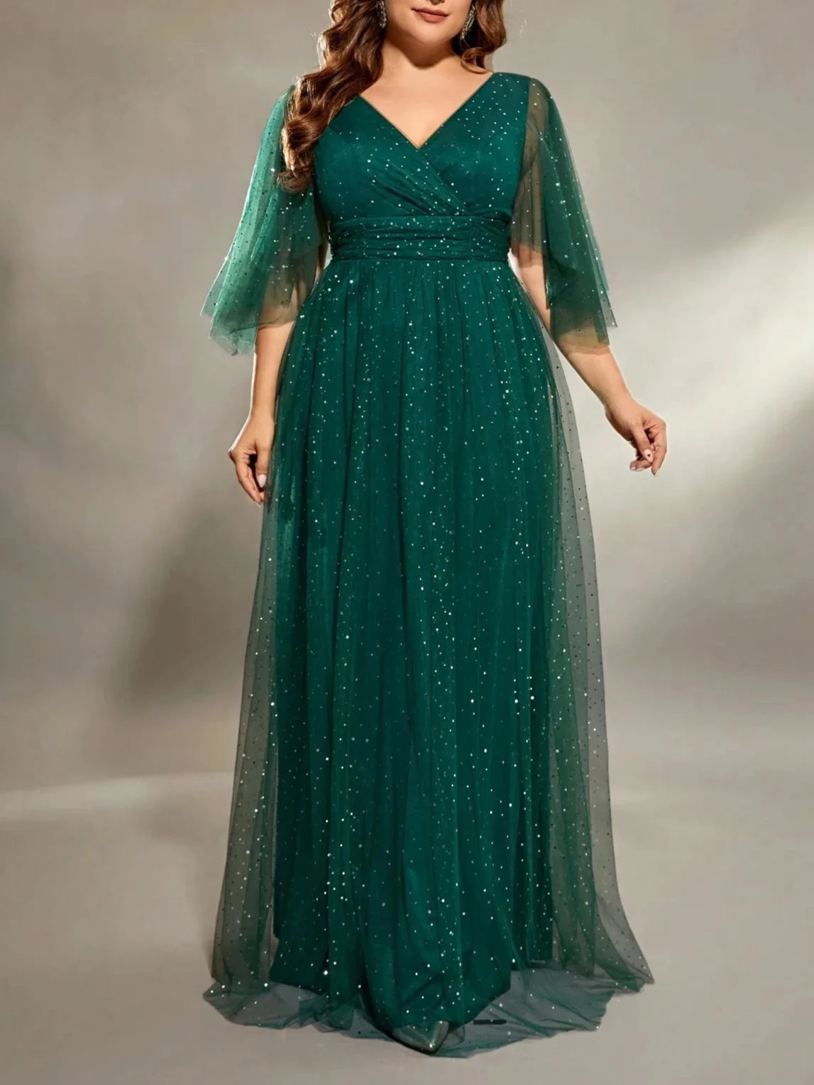 Vestido Plissado V-neck com Manga Longa e Saia Completa