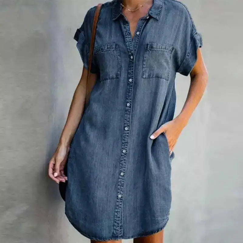 Vestido de Camisa Jeans Feminino com Bolso