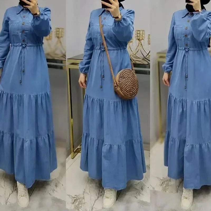 Vestido Jeans Elegante Feminino com Colarinho Dobrável