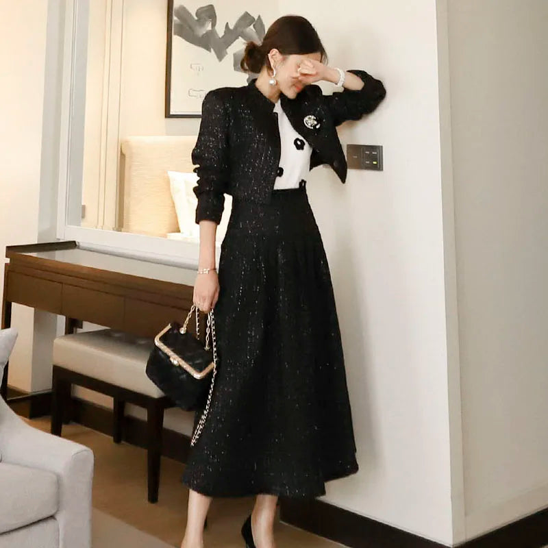Conjunto Elegante de Saia e Casaco de Lã