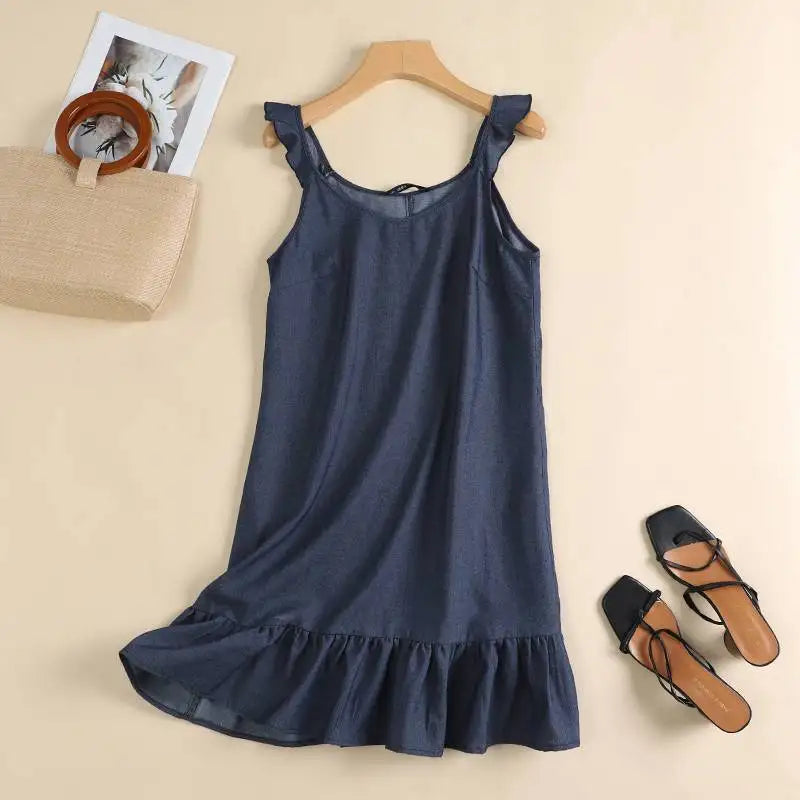 Vestido Boêmio Jeans Sem Mangas para Verão