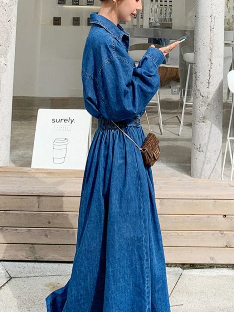 Vestido Jeans Azul Vintage Feminino Longo