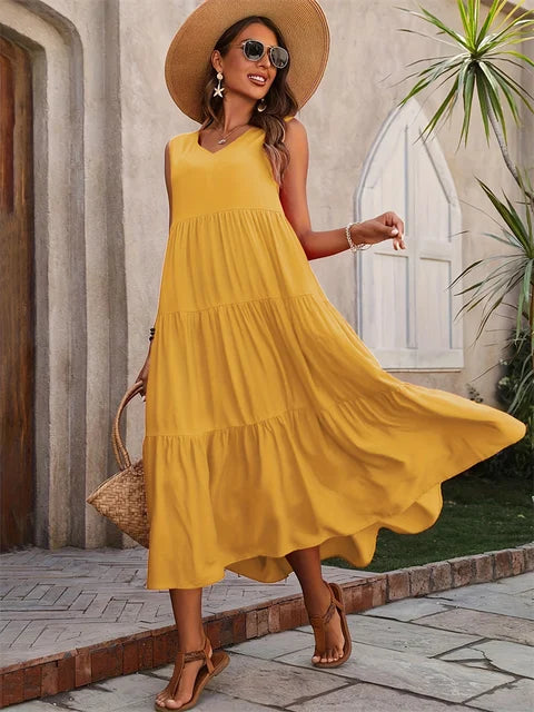 Vestido Longo Feminino Amarelo com Decote em V