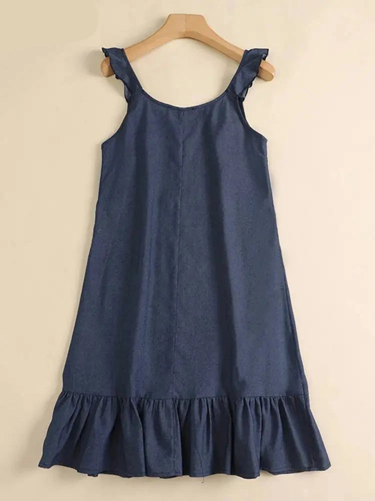 Vestido Boêmio Jeans Sem Mangas para Verão