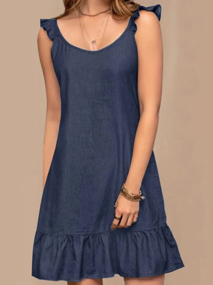 Vestido Boêmio Jeans Sem Mangas para Verão