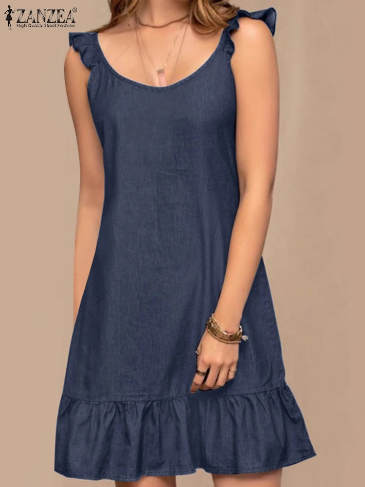 Vestido Boêmio Jeans Sem Mangas para Verão