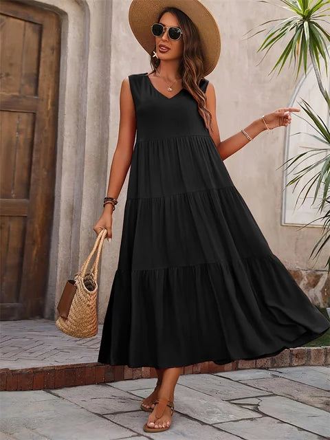 Vestido Longo Feminino Amarelo com Decote em V