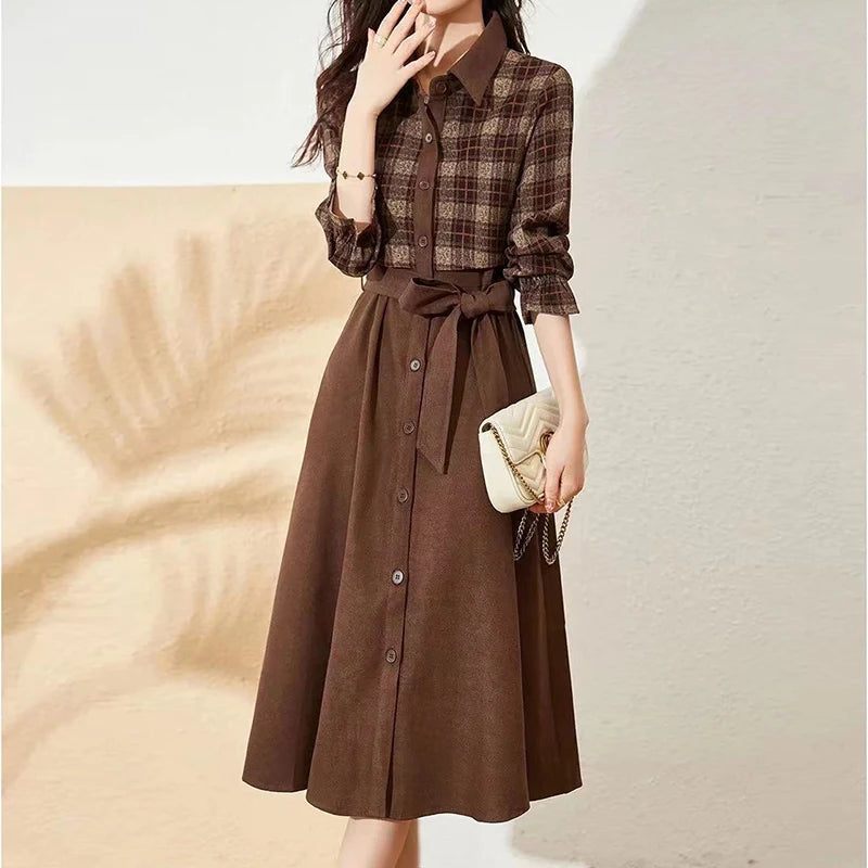 Vestido Midi Xadrez Elegante para Senhoras