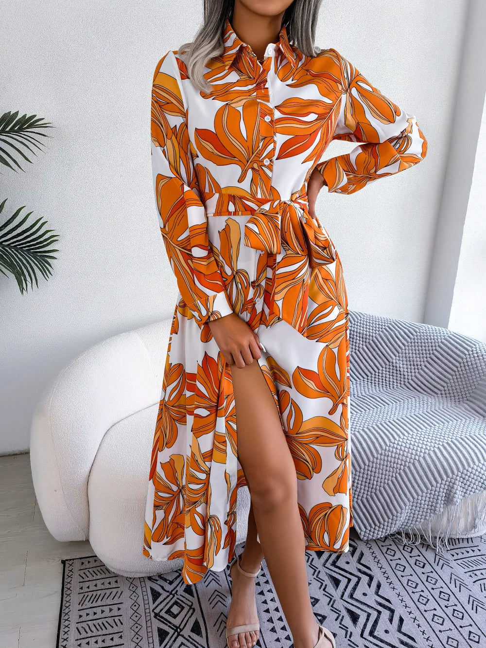 Vestido Floral Longo com Gola Polo