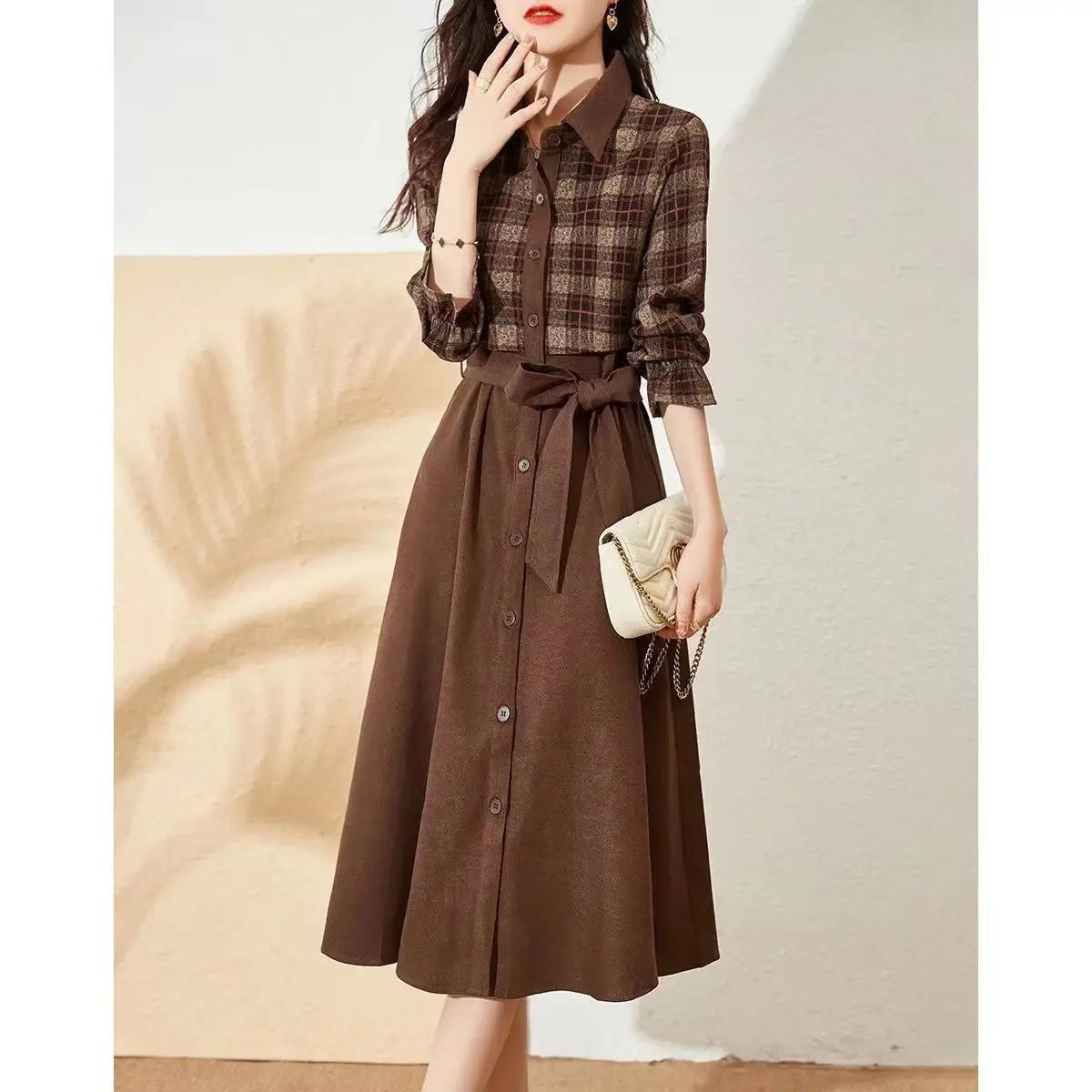Vestido Midi Xadrez Elegante para Senhoras