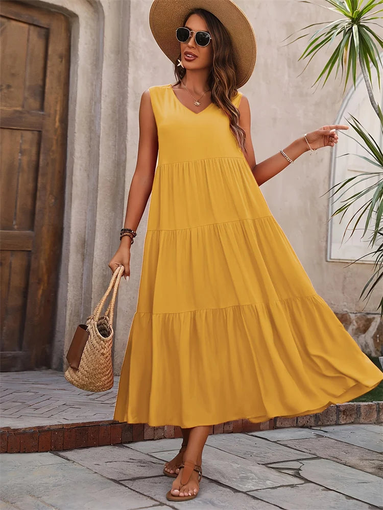 Vestido Longo Feminino Amarelo com Decote em V