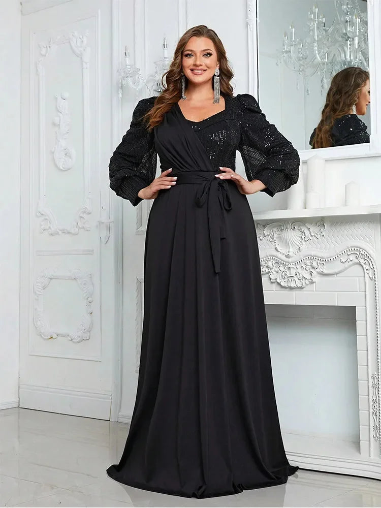Vestido de Noite Feminino com Decote em V e Lantejoulas