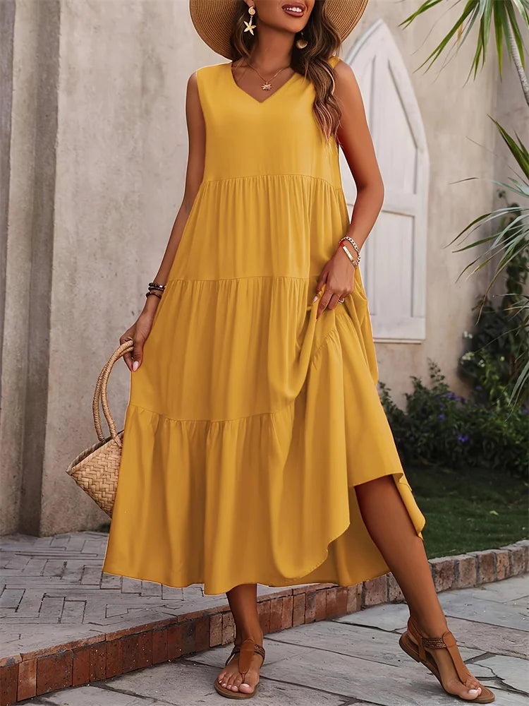 Vestido Longo Feminino Amarelo com Decote em V