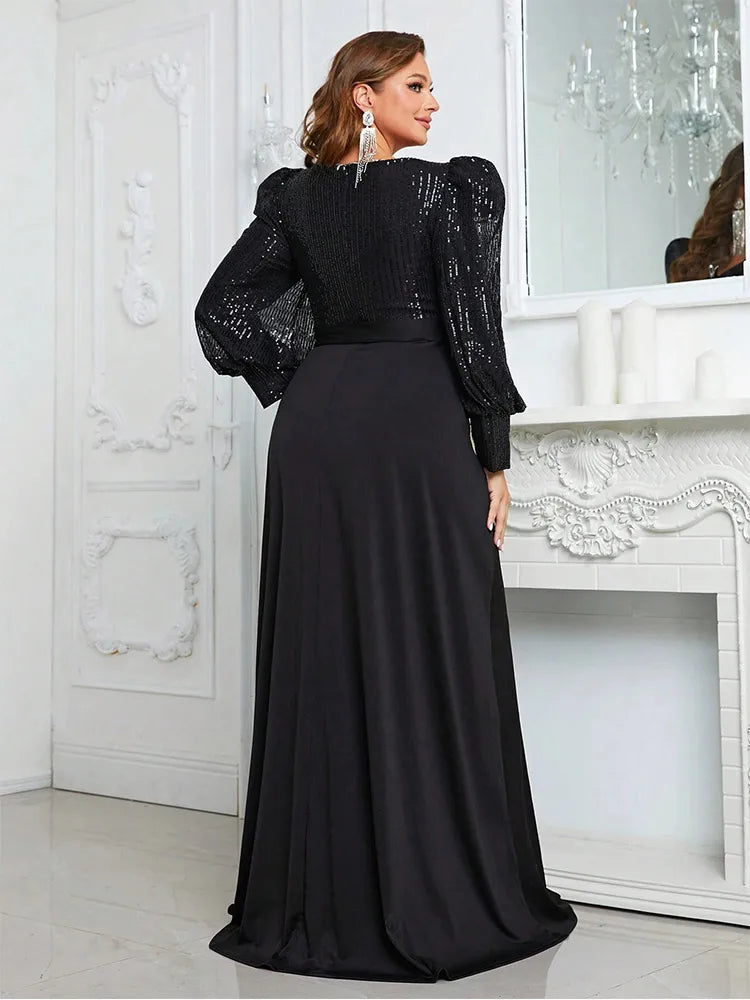 Vestido de Noite Feminino com Decote em V e Lantejoulas